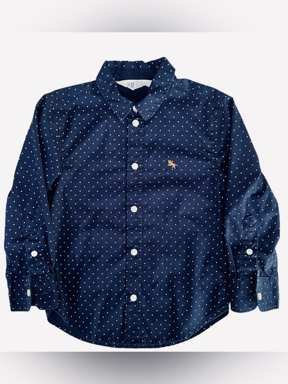 H & M Navy & White Dotted Long Sleeve Logo Dress Shirt | 2-3T | Preowned